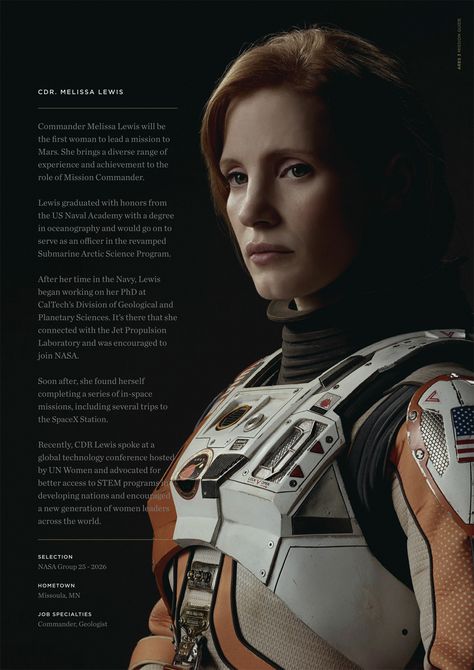 The Martian - Jessica Chastain The Martian Film, The Martian Andy Weir, Mark Watney, Interstellar Movie, Andy Weir, Red Hair Inspiration, Character Details, Space Movies, Space Suits