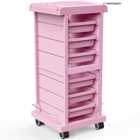 PRICES MAY VARY. 🎀 SAVE SPACE & MAKE YOUR JOB EASIER with our versatile hair styling station consisting of 6 built-in slots and 2 tray holders. Made of premium ABS plastic ensuring maximum durability, it provides you with an extra workspace. 🎀 ORGANIZE ALL YOUR BEAUTY SALON ESSENTIALS: As a professional, you'll need a mobile beauty trolley with plenty of space as your best assistant. That's why the TASALON rolling cart features 6 easy pull-out trays with two-way travel on both sides for effici Hair Cart, Salon Cart, Pink Salon, Hair Stations, Salon Trolley, Beauty Salon Furniture, Cart With Wheels, Mobile Beauty, Salon Stations