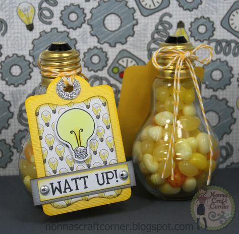 Doesn't that title just make you smile? Hello everyone and welcome to my little crafting corner! I hope you had a fabulous weekend and ar... Recycled Light Bulbs, Light Bulb Crafts, Electrician Gifts, College Graduation Parties, Engineering Gifts, Treat Jars, Craft Corner, Retirement Parties, Party Centerpieces