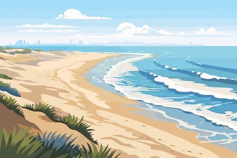 Soft Waves, Summer Landscape, Vector Art Illustration, Flat Vector, Plant Illustration, Beach View, Top View, Vintage Poster, Ocean Beach