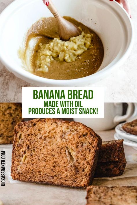 This moist banana bread recipe will stay in your permanent baking rotation! It is a super easy quick bread recipe that uses oil instead of butter to make this homemade banana bread super moist. This one bowl recipe requires no mixer or fancy ingredients. Substitute the vegetable oil in this recipe for any neutral flavored oil such as avocado oil, canola oil, or grapeseed oil. This quick bread is made in a loaf pan and yields 16 individual slices. Banana Bread Recipe With Oil, Easy Quick Bread, Bread Oil, Quick Bread Recipes Easy, Quick Bread Recipe, Banana Bread Recipe Moist, Homemade Banana Bread, Moist Banana Bread, Best Banana Bread