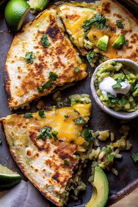 Cheesy Green Chile and Avocado Rice Quesadillas Quesidias Recipes, Vegetarian Quesadilla Recipes, Loaded Quesadilla, Quesadilla Vegetarian, Cilantro Lime Salsa, Healthy Quesadilla Recipe, Avocado Quesadilla, Quesadilla Recipes Beef, Vegetarian Quesadillas Recipes