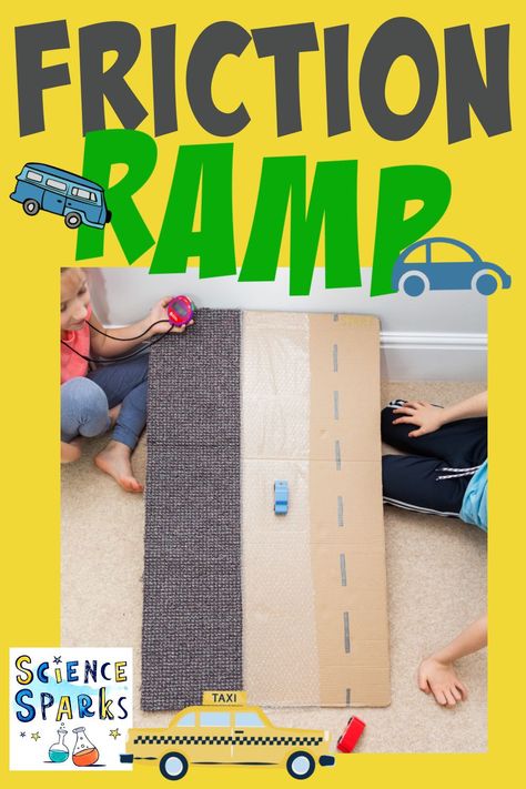 Homemade friction ramp using a large sheet of cardboard, bubble wrap and carpet. Great for a friction science experiment or investigation. Magnetiles Builds Ramp, Gravity Experiments For Preschool, Ramp Building Preschool, Ramp Science Preschool, Friction Activities, What Is Friction, Preschool Gravity Experiments, Transportation Science, Construction Activities Preschool