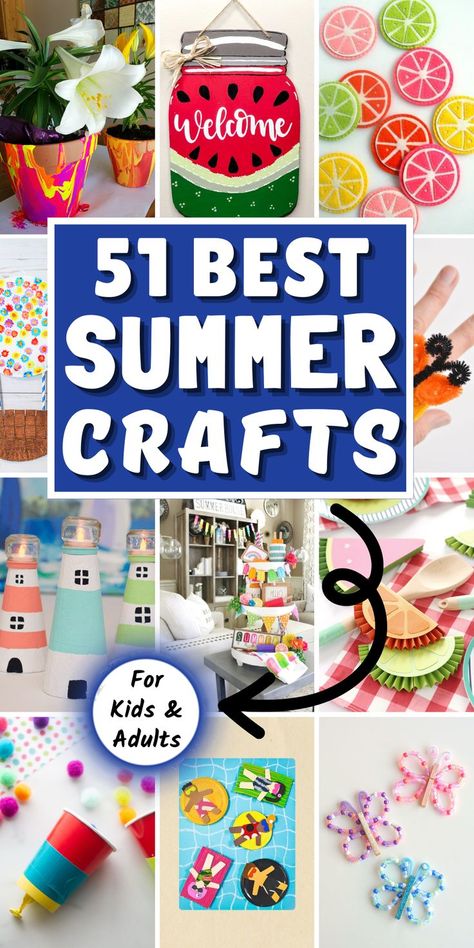 Looking for fun and creative summer craft ideas? Check out our collection of DIY summer crafts perfect for the season! These summer crafts are perfect for kids and adults both. Get your kids involved with our easy-to-follow summer crafts for kids featuring seashell crafts, sunflower crafts, watermelon crafts, and more! And for adults try our flip-flop crafts, pool noodle crafts, lemon crafts, or mason jar crafts. And don’t forget to add a touch of tropical flair with our pineapple crafts. Diy Summer Crafts For Kids, July Crafts For Adults, Tropical Crafts, Diy Summer Wreaths, Summer Craft Projects, Pineapple Crafts, Noodle Crafts, Spring Arts And Crafts, Watermelon Crafts