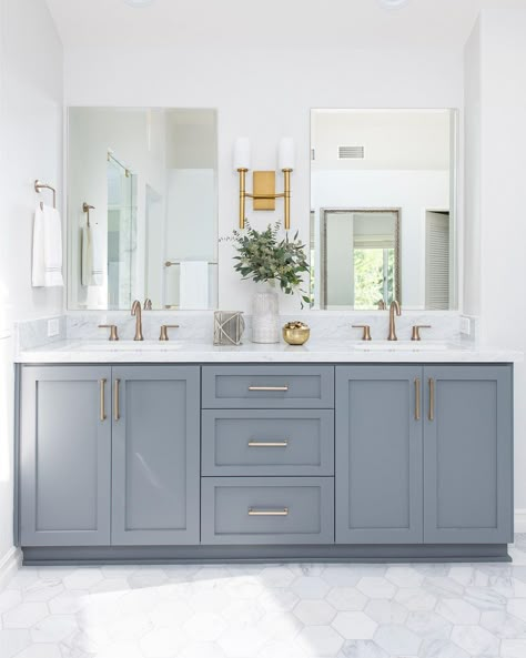 Light Blue Bathroom Gold Fixtures, Master Bath Remodel With Vanity, Grey Marble Vanity Bathroom, Dark Gray Vanity With Gold Hardware, Bluish Grey Bathroom Vanity, Master Bath Gray Cabinets, Gray Marble Countertops Bathroom, Gray Blue Bathroom Vanity, Bathroom Color Vanity