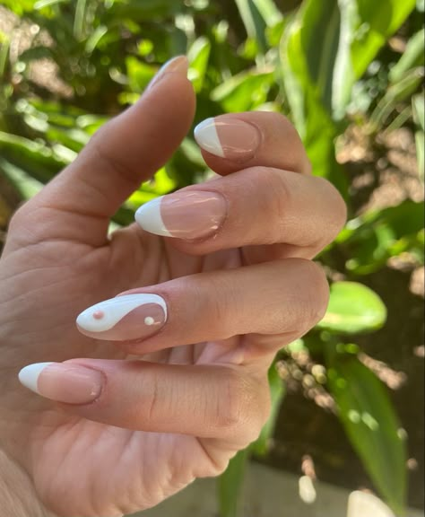 Cute White Nail Ideas Almond, Almond Ying Yang Nails, Almond Nails Ying Yang, French Too Almond Nails, Yin Yang Almond Nails, Unique French Tips Almond, Cute French Tip Nails Acrylic Almond, Yin Yang French Tip Nails, Asymmetric French Nails