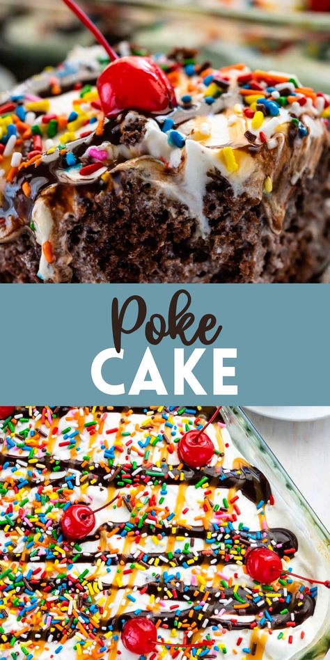 Ice Cream Poke Cake is a melted ice cream cake - a poke cake using a cake mix that's the perfect birthday cake recipe! Ice Cream Poke Cake, Birthday Cake Poke Cake, Cotton Candy Poke Cake, Birthday Cake Delight, Decorated Ice Cream Cake, Hello Poke Cake, Birthday Poke Cake, Ice Cream Sheet Cake, Melted Ice Cream Cake