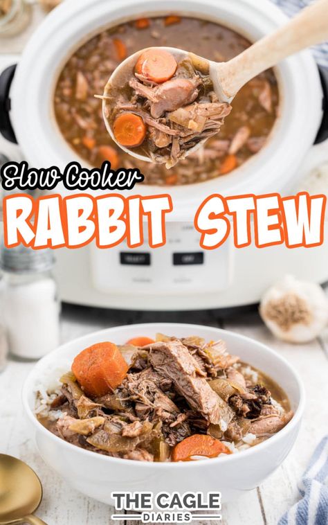 This slow cooker rabbit stew recipe is one for the books. A tender and flavorful stew that is easy to make with the addition of a fruit that helps distract from any gaminess. A rabbit recipe that everyone will love. My kids absolutely love when I cook this rabbit stew. Crockpot Rabbit Stew, Slow Cooker Rabbit Stew, Rabbit In Crockpot Easy Recipes, Rabbit Recipes Easy Instapot, Rabbit Stew Instant Pot, Crock Pot Rabbit Recipes, Rabbit Soup Recipe, Rabbit Recipes Crockpot, Rabbit Instant Pot Recipes