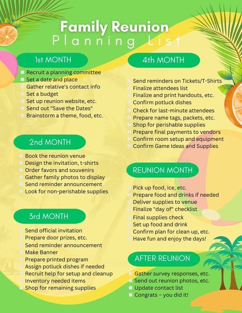 Family Reunion Planning Checklist Family Reunion Ideas Organizing, Reunion Checklist, Family Reunion Awards, Family Reunion Themes, Outdoor Bbq Party, Family Reunion Activities, Family Reunion Gifts, Friends Reunion, Reunion Games