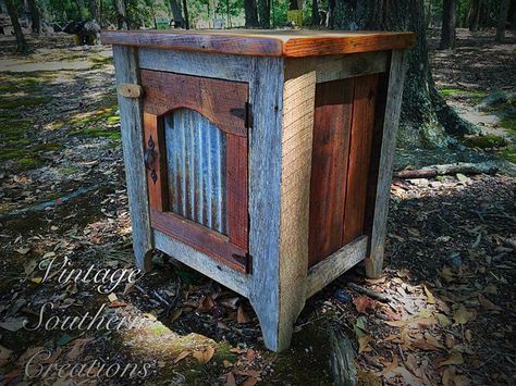 Recycled Barnwood and Tin Night Stand Night Stand Ideas, Rustic Projects, Barnwood Projects, Barnwood Ideas, Cedar Wood Projects, Recycled Windows, Rustic Farmhouse Furniture, Barnwood Furniture, Rustic Nightstand