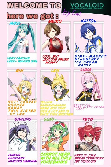 Vocaloid characters meme All The Vocaloids, All Vocaloid Characters, Kaai Yuki, Miku Hatsune Vocaloid, Vocaloid Funny, Bff Drawings, Vocaloid Characters, Art Tools Drawing, Cat Icon