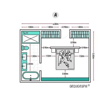 #architecturesight⁣ Which design is your favorite: A or B?⁣ 2 Bedrooms with the same area, 34m² - Main Bedrooms⁣ ⁣ Nowadays, bedrooms prioritize comfort, personal expression, and the integration of spaces, such as work areas.⁣ ⁣ ▪️ These are recommendations; in your country, you may have different design standards.⁣ ⁣ Get your copy now of "Guide to Architecture and interior design". ⁣ What does the Book contain?⁣ ✅ Architectural works⁣ ✅ The importance of color⁣ ✅ Decor/ Details/ Doors/ Windo... 2 Person Bedroom, Architecture Dimensions, Drawing House Plans, Details Drawing, Design Analysis, Bedroom Drawing, Retro Bedrooms, Color Decor, Small House Floor Plans