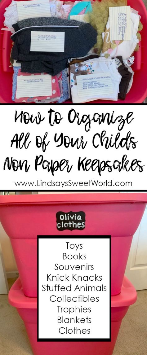 Lindsay's Sweet World: How to Organize All of Your Child's Keepsakes - Clothes and Other Non-Paper Items Storing Keepsakes, Organizing Keepsakes, Keepsake Organization, How To Store Keepsakes, Organize Keepsakes, How To Organize Keepsakes, Keepsake Storage Ideas, Kids Momento Storage, Kids Keepsake Storage