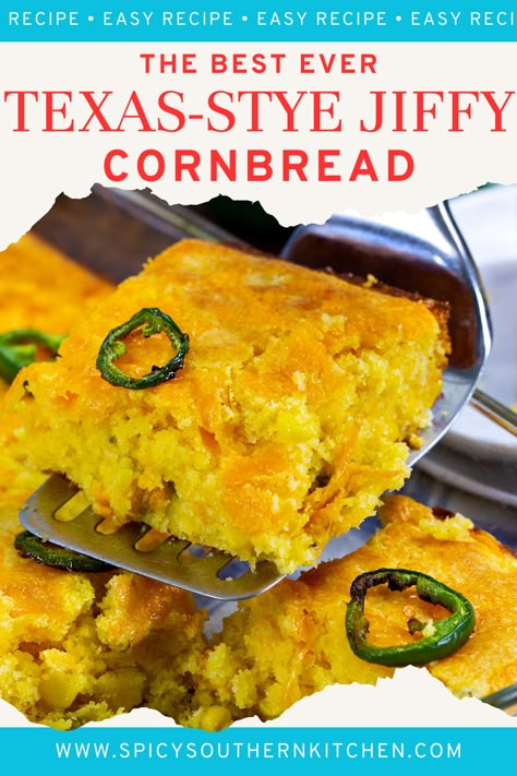 Texas-Style Jiffy Cornbread is kicked up with corn, jalapenos, and cheddar. So easy to make and goes with practically anything. Jalapeno Cornbread With Jiffy, Jiffy Mix Jalapeno Cornbread, Jalepeno Cheese Cornbread Jiffy, Cornbread Jalapeno Muffins, Corn Bread Jiffy Recipes With Cream Corn And Jalapeños Cheese, Jiffy Cornbread Add Ins, Honey Jalapeno Cornbread Jiffy, Mexican Jiffy Cornbread, Spicy Jiffy Cornbread Recipes