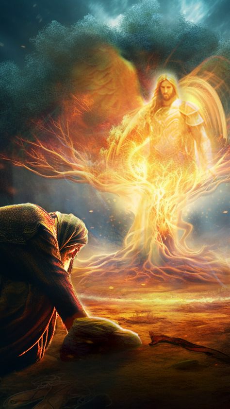 ArtStation - Moses Meets the Angel Kevin Carden, The Angel Of The Lord, The Burning Bush, Angel Of The Lord, God Is For Me, Burning Bush, Gods Glory, Pentecost, The Burning