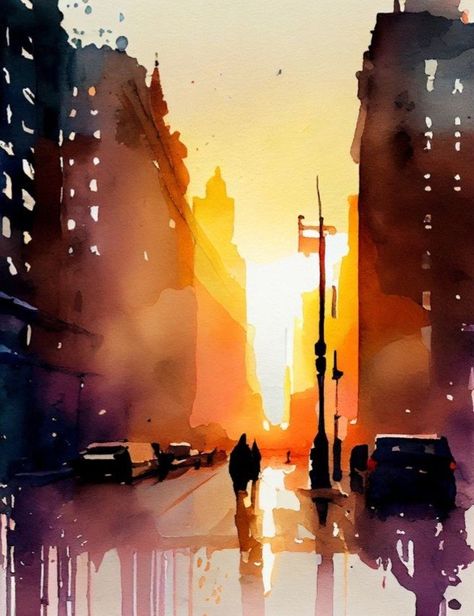 Watercolour Cityscape, Sunset Watercolor Painting, Watercolor Cityscape, Sunset Watercolor, Watercolor Scenery, City Sunset, Watercolor Art Landscape, Watercolor City, Watercolour Landscape