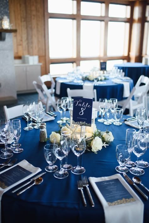 Navy Blue Centrepiece, Navy Blue Black Wedding Theme, Navy Blue Table Cloth Setting, Light And Dark Blue Table Setting, Dark Blue Wedding Table Decor, Navy Blue Wedding Reception Decorations, Navy Blue Head Table Wedding, Navy Blue Dinner Table Decor, Sapphire Blue Wedding Decorations