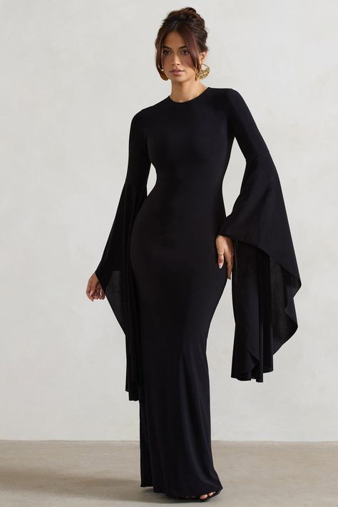 Modest Birthday Dress, Hijabi Fashion Dress, Black Modest Dress, Unique Sleeves Design, Modest Gowns, Black Dress Classy, Modest Black Dress, Long Sleeve Black Maxi Dress, Club L London