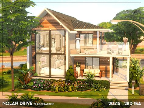 The Sims Resource - Nolan Drive (TSR only CC) Sims Modern Family Home, Sims 4 Base Game House Shell, Sims 4 Houses 2 Bedroom, The Sims 4 Landscaping, Sims 4 House With Pool, Sims Aesthetic House, Aesthetic House Sims 4, Sims Builds Ideas, Sims 4 Houses Aesthetic