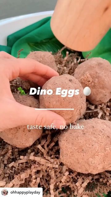 Kido_library on Instagram: "Posted @withregram • @ohhappyplayday DINO EGGS 🦕 Taste safe and no baking required! ♥️ and SAVE to try! 🌟 EGG RECIPE 🌟 ✔️4 cups of flour (spread thinly and bake at 350 degrees F for 5 minutes until internal temperature reaches 160 degrees to reduce potentially harmful bacteria) ✔️ 1/2 cup of cocoa powder ✔️ 1 cup of oil 🌟 TO MAKE 🌟 1️⃣ Mix ingredients well 2️⃣ Form eggs and hide plastic dinosaurs inside 3️⃣ FREEZE - 30 minutes in the freezer was the perfect fi Baking Soda Dinosaur Eggs, Dino Dig Dramatic Play, Dino Eggs Diy, Dino Egg Craft, Taste Safe Mud, Dinosaur Egg Craft, Dino Egg Hunt, Diy Dinosaur Eggs, Egg Dinosaur