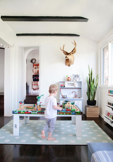 A Sophisticated Playroom Sophisticated Playroom, Playroom Makeover, Kids Play Spaces, Basement Playroom, Faux Beams, Childrens Playroom, Playroom Design, Emily Henderson, Play Table