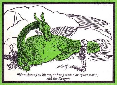 In this illustration by Ernest H. Shepard for "The Reluctant Dragon" written by Kenneth Grahame, published in 1966, a boy meets a kind and funny dragon. The Reluctant Dragon, Reluctant Dragon, Kenneth Grahame, Funny Dragon, Vintage Dragon, Dragon Illustration, Green Dragon, Dragon Artwork, Boy Meets