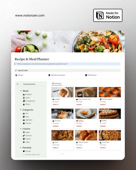 Notion Recipe & Meal Planner Template Meal Plan Notion Template, Notion Meal Plan Template Free, Notion Cooking Template, Notion Template Recipe, Notion Recipe Template, Recipe Notion Template, Meal Planner Notion Template, Notion Recipes Template, Notion Recipes