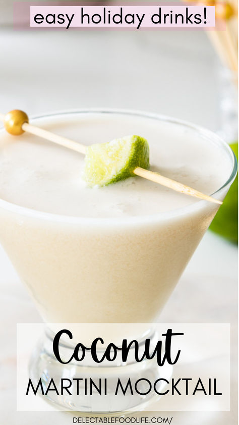 This Easy Coconut Martini Mocktail Recipe is icy and creamy and feels very sophisticated and tropical all at once! 5 simple ingredients blend into a perfect non-alcoholic martini. Coconut Milk Mocktail Recipe, Coconut Mocktail Recipes, Creamy Mocktail Recipe, White Mocktails Non Alcoholic, Martini Mocktail Recipe, Coconut Martini Recipe, Non Alcoholic Martini, Martini Mocktails, Coconut Mocktail