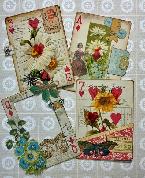 Junk journal fun in my newest video! Large altered playing cards. I share 4 different versions which can also be applied to ATCs, cards and layouts. YouTube link in bio. #junkjournals #alteredplayingcards #harmonioushodgepodge #everydayelements @myporchprints @49andmarket Altered Trading Cards, Altered Index Cards, Journal Cards Ideas, Mixed Media Cards Ideas, Altered Playing Cards Ideas, Inchies Cards, Vintage Scrapbook Ideas, Atc Cards Ideas, Junk Journal Ideas Inspiration