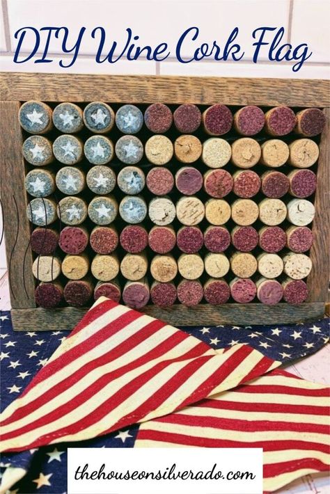 Decorate your entryway or living room for fourth of July with this cute cork flag DIY craft. Wine Slushies, Burlap Ribbon Wreaths, Flag Diy, Red Wine Stains, Wreaths For Sale, Blue Crafts, Wine Stains, Diy Burlap, Wine Cork Crafts