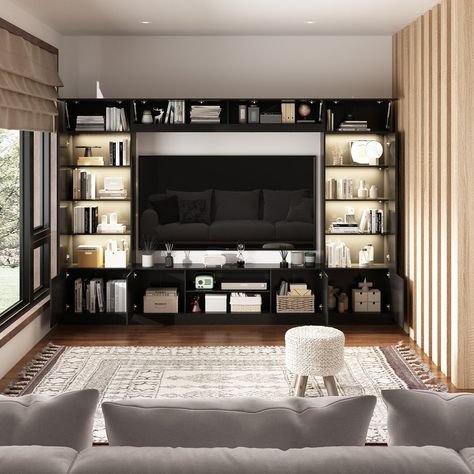 Black And White Entertainment Center, Tv Room Setup, Tv Stand With Bookshelves, Bookshelf Entertainment Center, Wall Unit Tv, Tv Hutch, Bookshelf Tv, Living Room Cupboards, Tv Stand Bookshelf