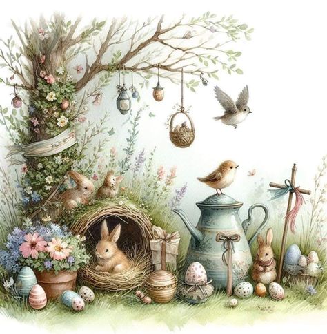 Easter Vintage Images, Easter Art Ideas, Vintage Easter Printables, Hase Tattoos, Rabbit Artwork, Easter Cartoons, Easter Drawings, Easter Paintings, Painted Candlesticks