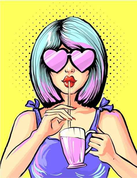 Pop art woman drinking cocktail in heart shape glasses royalty free illustration Images Pop Art, Pop Art Comic Girl, Pop Art Background, Pop Art Images, Pop Art Drawing, Pop Art Women, Vintage Pop Art, Pop Art Girl, Pop Art Illustration