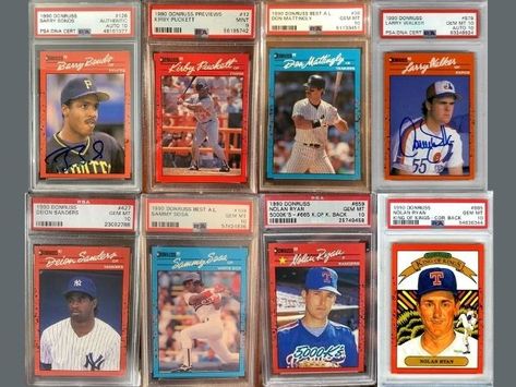 In 1990 Donruss released its largest collection of baseball cards ever, containing 716 cards. The 1990 set was ladened with printing texts and errors, it has many error versions and corrected error versions. It contained All-Stars, Bonus Most Valuable Players, checklists, Diamond Kings, Grand Slammers, and Rated Rookies. The Donruss 1990 set of cards is easily recognizable because of their red borders. #DonrussBaseballCards David Justice, Baseball Card Values, Bernie Williams, Larry Walker, Topps Baseball Cards, Sammy Sosa, Old Baseball Cards, Rickey Henderson, King Card