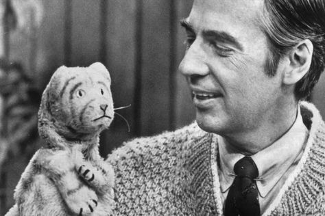 Fred Rogers with the first (adorable) Daniel Striped Tiger. The manufacturer objected to the puppet's use on the TV show, so a new Daniel was custom made for Mister Rogers' Neighborhood. The second Daniel also had stripes, but they were as prominent. "Daniel Tiger" is the "son" of "Daniel Striped Tiger." Just a little trivia for  tiger fans! Mr Rodgers, Mister Rogers Neighborhood, Mister Rogers, Fred Rogers, Daniel Tiger, Ghost In The Machine, Mr Rogers, Rare Gifts, Child Psychology