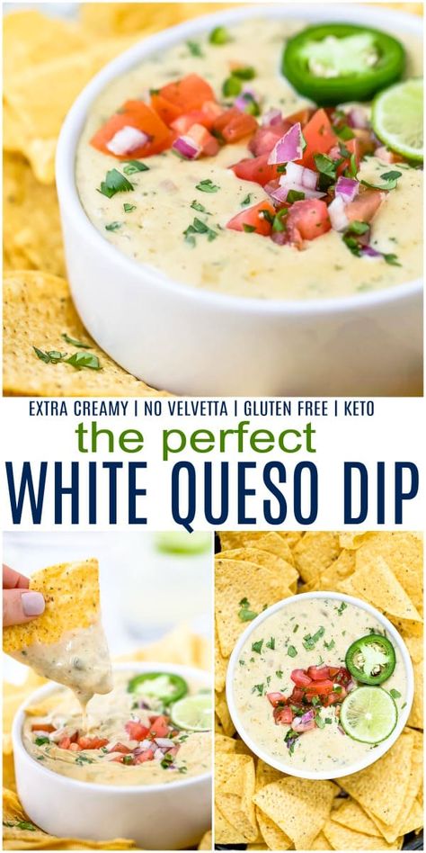 Learn how to make the Perfect Creamy White Queso Dip Recipe from scratch. This Easy Queso Dip uses real cheese, I guarantee you'll never go back to using velvetta again! Perfect for game day or any party! #gamedayfood #appetizer #diprecipes #queso White Queso Dip With Cream Cheese, How To Make Queso, How To Make Queso Dip, Gluten Free Queso, Easy Queso Dip, Mexican Cheese Dip, White Queso Dip Recipe, White Queso Recipe, Easy Queso