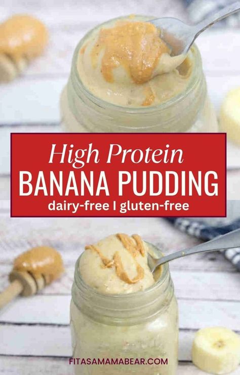 Two images of banana protein pudding in a jar with peanut butter on top and text between the images. Protein Banana Pudding, Banana Pudding Smoothie, Protein Pudding Recipe, Healthy Banana Pudding, Peanut Butter Banana Protein, Healthy Protein Desserts, Banana Cream Pudding, High Protein Desserts, Banana Protein