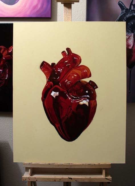 Heart Art Realistic, Painting Of A Heart Realistic, Heart Anatomy Painting, Anatomically Correct Heart Painting, Dark Red Art Paintings, Paintings Of Hearts, Human Heart Painting On Canvas, Gory Paintings, Real Heart Painting