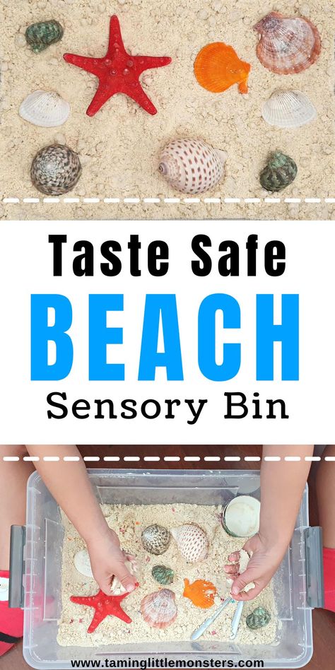 Taste Safe Beach Sensory Bin - Taming Little Monsters Beach Sensory Bin, Beach Theme Preschool, Ocean Lesson Plans, Summer Crafts And Activities, Sand Recipe, Beach Crafts For Kids, Edible Sand, June Activities, June Art