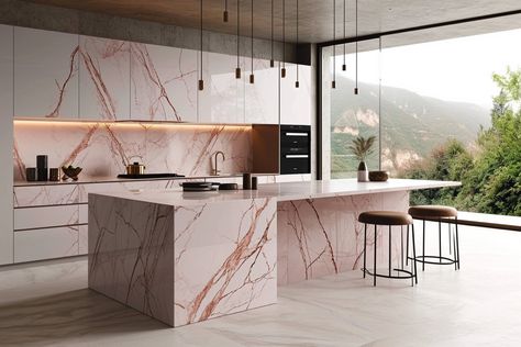 Pink and gold marble kitchen interior design Pink Marble Kitchen, Marble Kitchen Interior, Marble Kitchen Island, Cozy Baby Room, Kitchen Interior Design, Marble Kitchen, Quartz Slab, Kitchen Marble, Reno Ideas