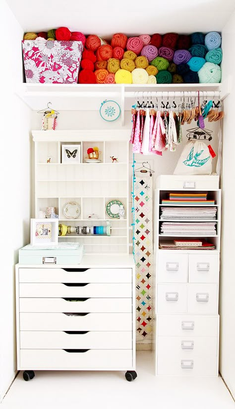 Clever closet-turned-craft-space from Debee at Art as Life. | thisoldhouse.com Small Craft Rooms, Organized Closet, Dream Craft Room, Craft Space, Office Crafts, Craft Room Storage, Craft Room Office, Creative Spaces, Craft Corner