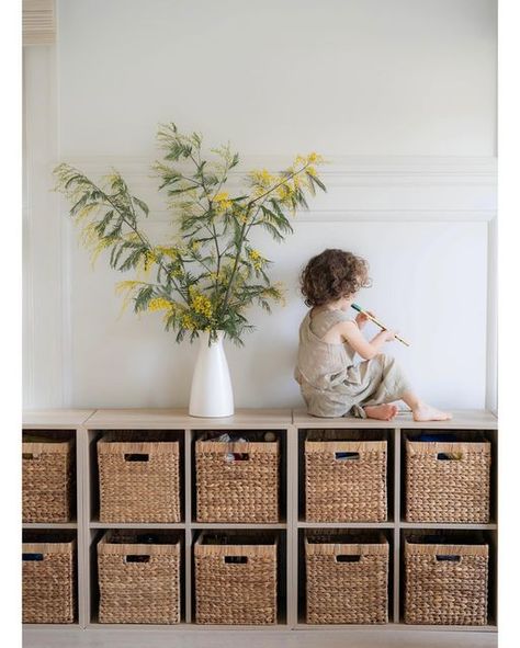 Modern Toy Storage Bedroom, Contemporary Toy Storage, Farmhouse Playroom Storage, Dining Room Toy Storage, Ikea Storage Playroom, Chic Toy Storage, Pretty Toy Storage, Toy Storage Aesthetic, Kids Toy Storage Living Room