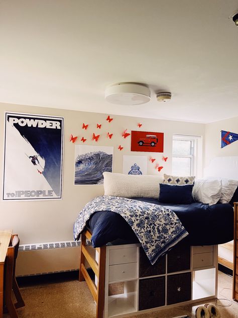 nautical skiing dorm slu st lawrence blue red white matching cute preppy roller rabbit Red White And Blue Room Ideas Bedrooms, White And Navy Dorm Room, Dorm Room Navy Blue, Navy Blue And Red Bedroom, Unc Dorm Room, Dorm Inspiration Blue, Dark Blue Dorm Room Aesthetic, Orange And Blue Dorm Room, Navy Blue Dorm Room Ideas