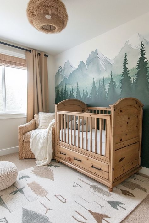 Earth Themed Nursery, Cozy Neutral Nursery, Nature Themed Nursery Gender Neutral, Baby Forest Nursery, Nursery Ideas Outdoor Theme, Pnw Nursery, Nature Nursery Theme, Adventure Nursery Boy, Adventure Nursery Theme