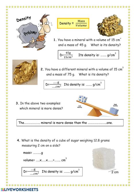 Density. Problems worksheet Mass Volume Density Worksheet, Density Worksheet, Volume Worksheets, Physics Lessons, Geography Worksheets, Lab Work, Sink Or Float, Different Fruits And Vegetables, Montessori Elementary