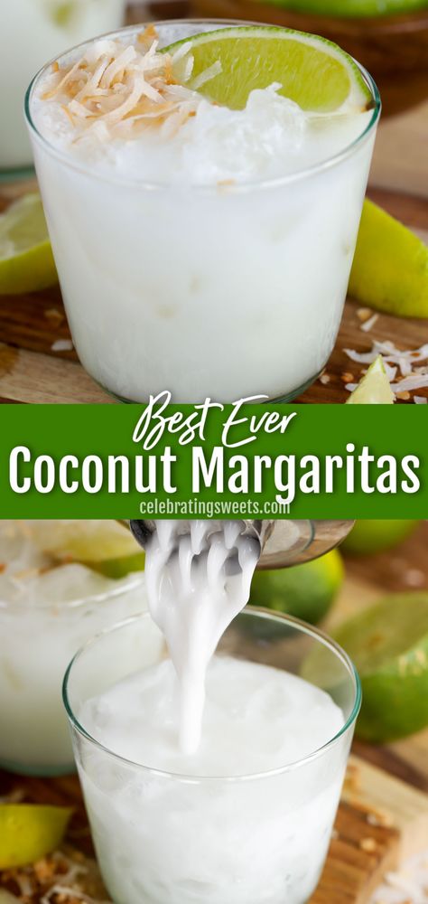 Coconut margarita in a clear glass cup in the top picture and it is being poured into the cup in the bottom picture Coconut Tequila, Coconut Margarita, Yummy Alcoholic Drinks, Boozy Drinks, Mixed Drinks Recipes, Margarita Recipe, Cocktail Drinks Recipes, Margarita Recipes, Alcohol Drink Recipes