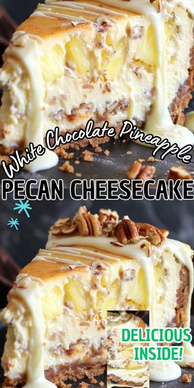 White Chocolate Pineapple Pecan Cheesecake White Chocolate Pineapple Pecan Cheesecake, Samoa Cheesecake Recipe, Pineapple Cream Cheesecake, Praline Pecan Cheesecake, Pineapple Cheesecake Recipes, Hummingbird Cheesecake, Carmel Pecan Cheesecake, White Chocolate Pineapple, Pineapple Upside Down Cheesecake