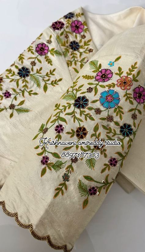 Green Blouse Machine Embroidery Designs, Cream Colour Blouse Designs, White Colour Blouse Design, Brocade Blouse Designs, Latest Bridal Blouse Designs, Blouse Designs High Neck, Latest Blouse Designs Pattern, Simple Saree Designs, Kids Blouse Designs