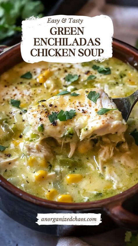 Green Enchiladas Chicken Soup - An Organized Chaos White Chicken Enchiladas Soup, Easy Green Chicken Chili, Green Chicken Soup Recipes, Green Chili Dinner Ideas, Chicken Green Enchilada Sauce, White Chicken Green Chili Soup, Creamy Green Enchilada Soup, Hatch Green Chile Chicken Soup, White Chicken Chili With Green Enchilada Sauce