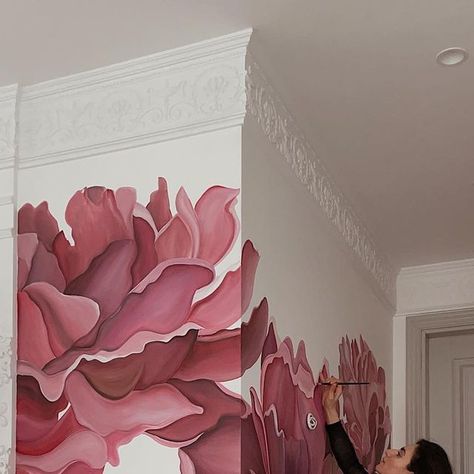 Lilit on Instagram: "“Marsala peony” wall mural in the classic Parisian style apartments ❤️  Acrylic 9 sq.m April, 2021  For @adelia.islamhulova   More art at #litsarkisian_wall_art" Peony Mural, Peony Painting Above Bed, Peony Mural Wall Art, Parisian Style Apartment, Classic Parisian Style, Peony Flower Wall Decals, Peony Sculpture Painting, Flower Mural Wall Paintings Purple, Parisian Style